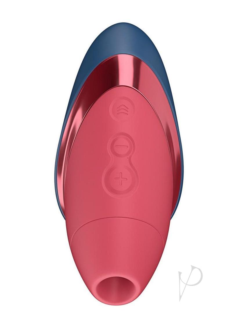 Womanizer Next Liberty air pulse stimulator in blue and red, front, with controls